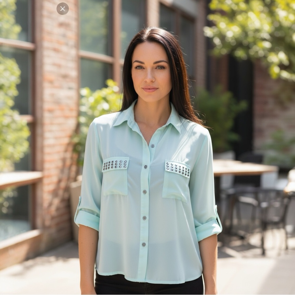 Jesse + J Muted Mint Studded Long Sleeve Blouse USA Made Women’s Size Large